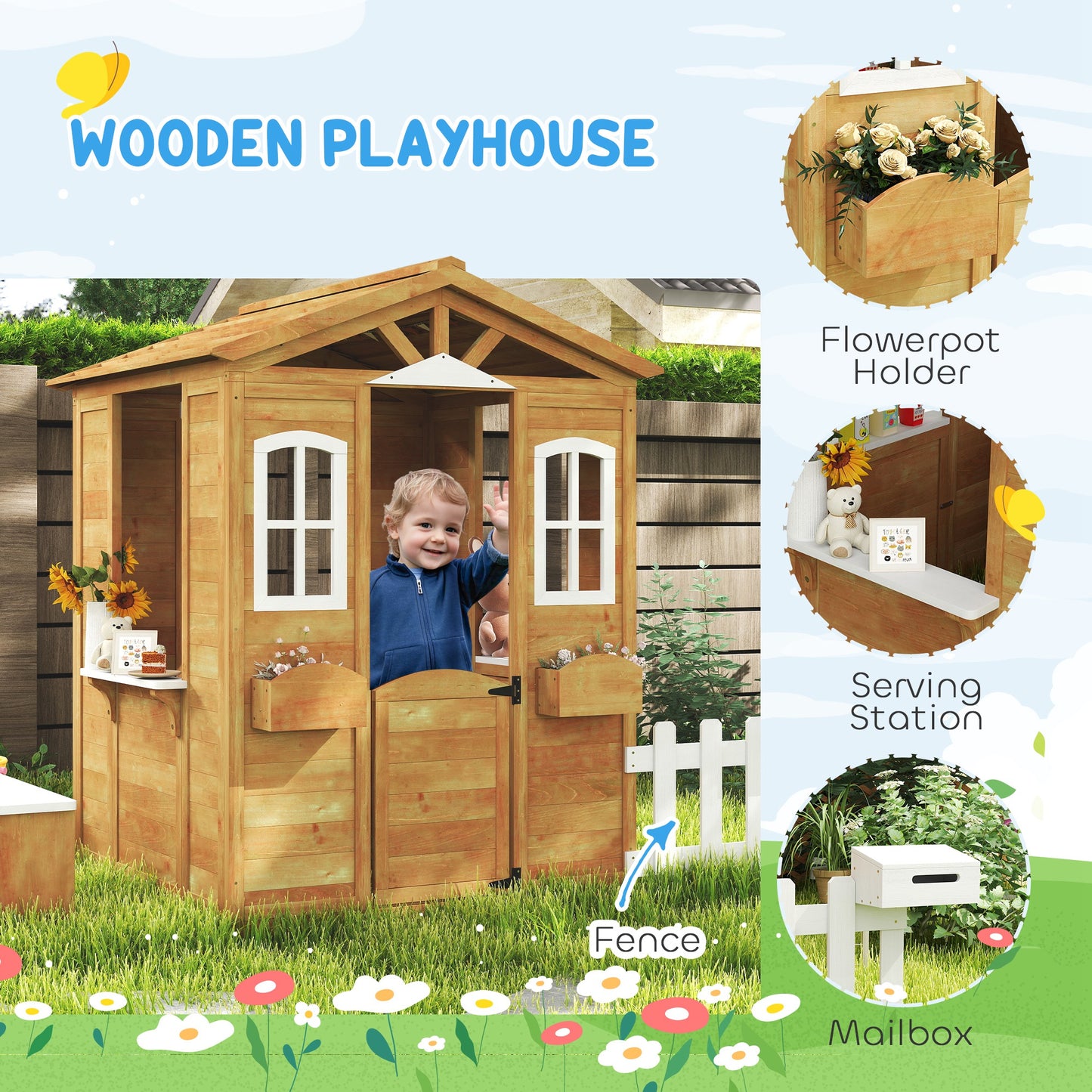 Wooden Outdoor Playhouse w/ Door Windows Bench for Kids Children