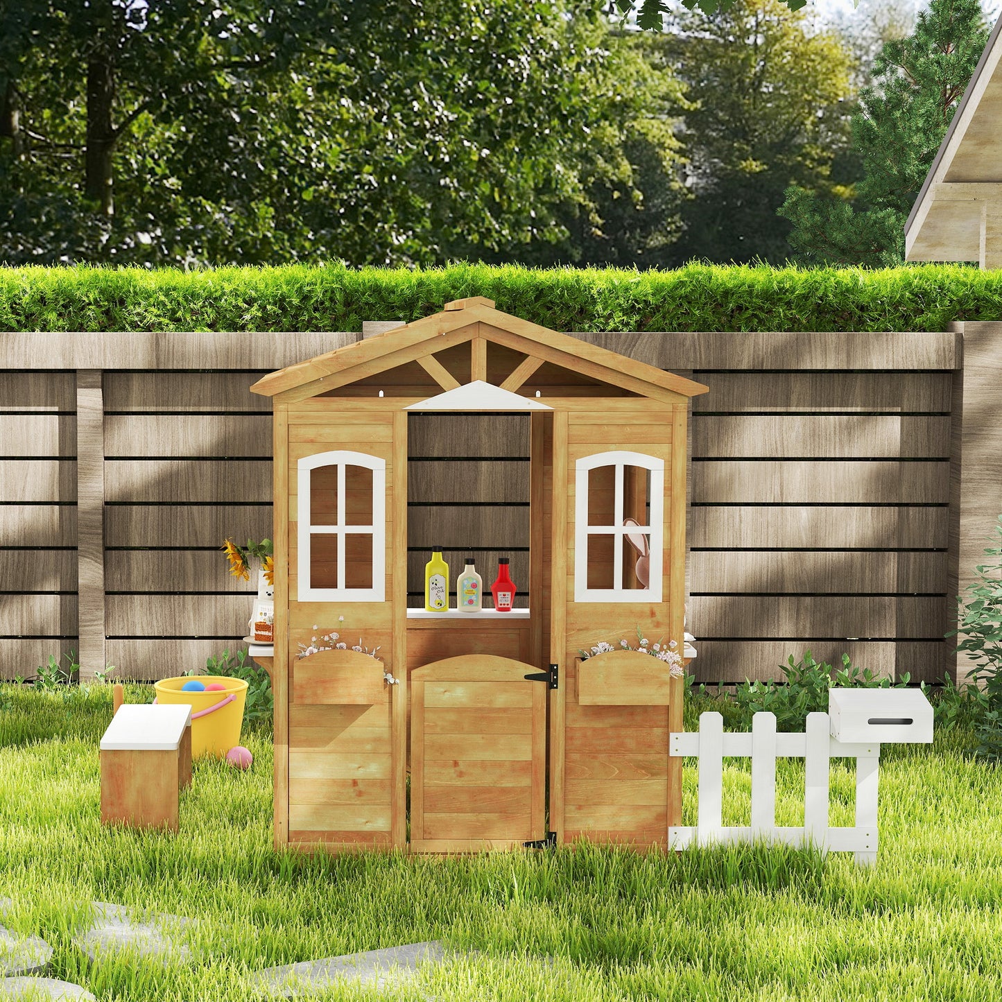 Wooden Outdoor Playhouse w/ Door Windows Bench for Kids Children
