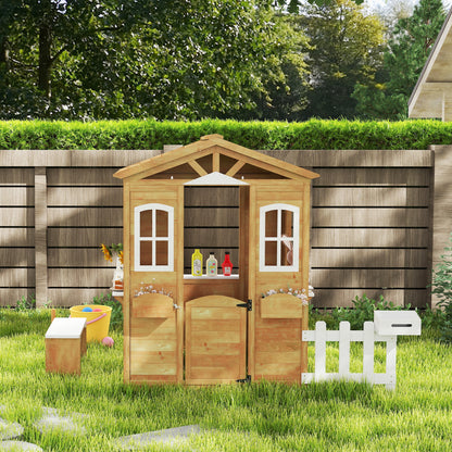Wooden Outdoor Playhouse w/ Door Windows Bench for Kids Children