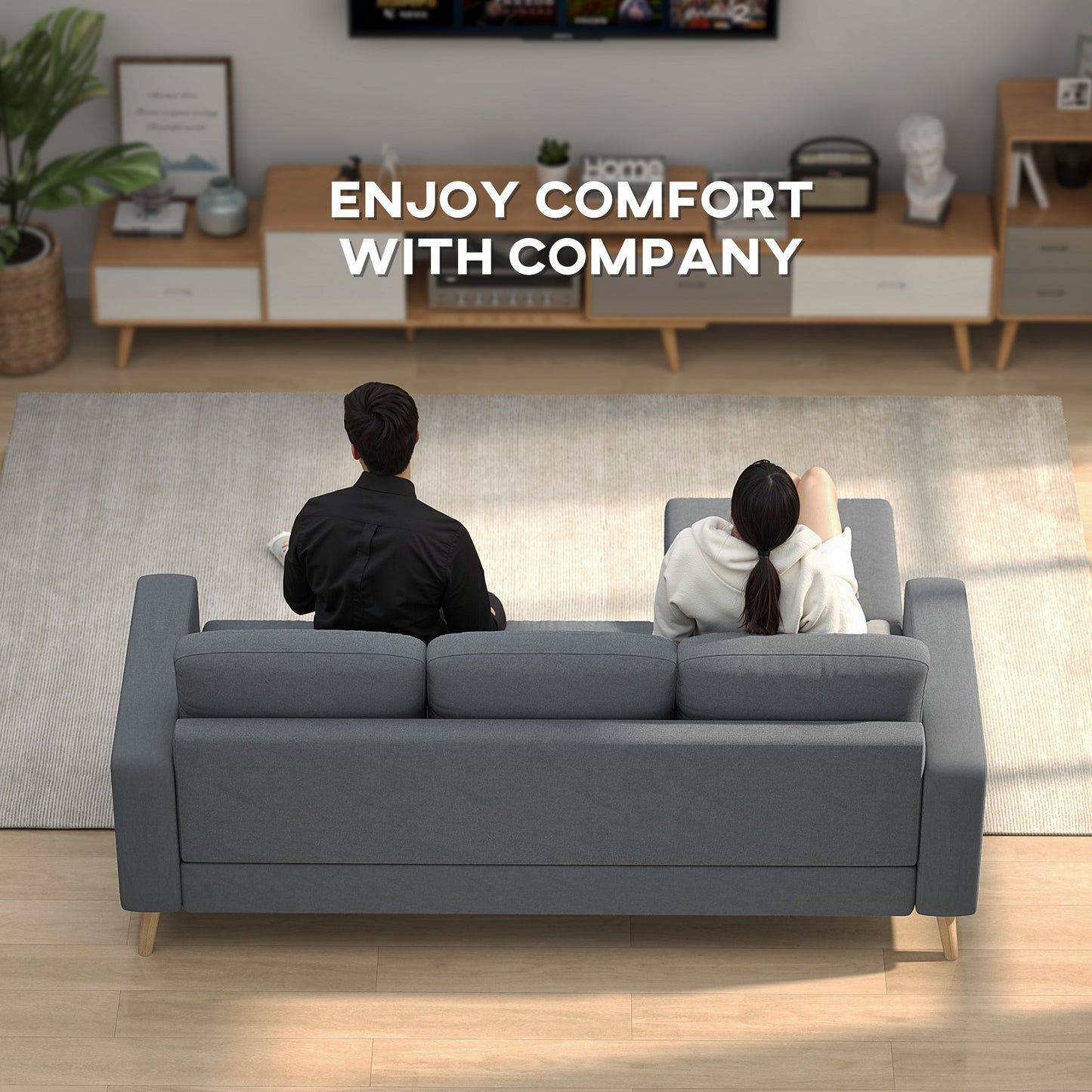 3-Seater L-Shaped Linen Sofa w/ Sponge Seat Back Cushions, Dark Grey