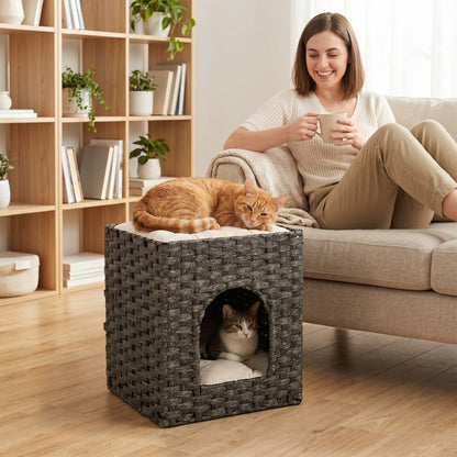 2-Tier Wicker Cat House, Handwoven Rattan Cat Bed with Washable Cushions, Indoor Kitten Condo Hideaway, 43 x 40 x 49 cm, Grey