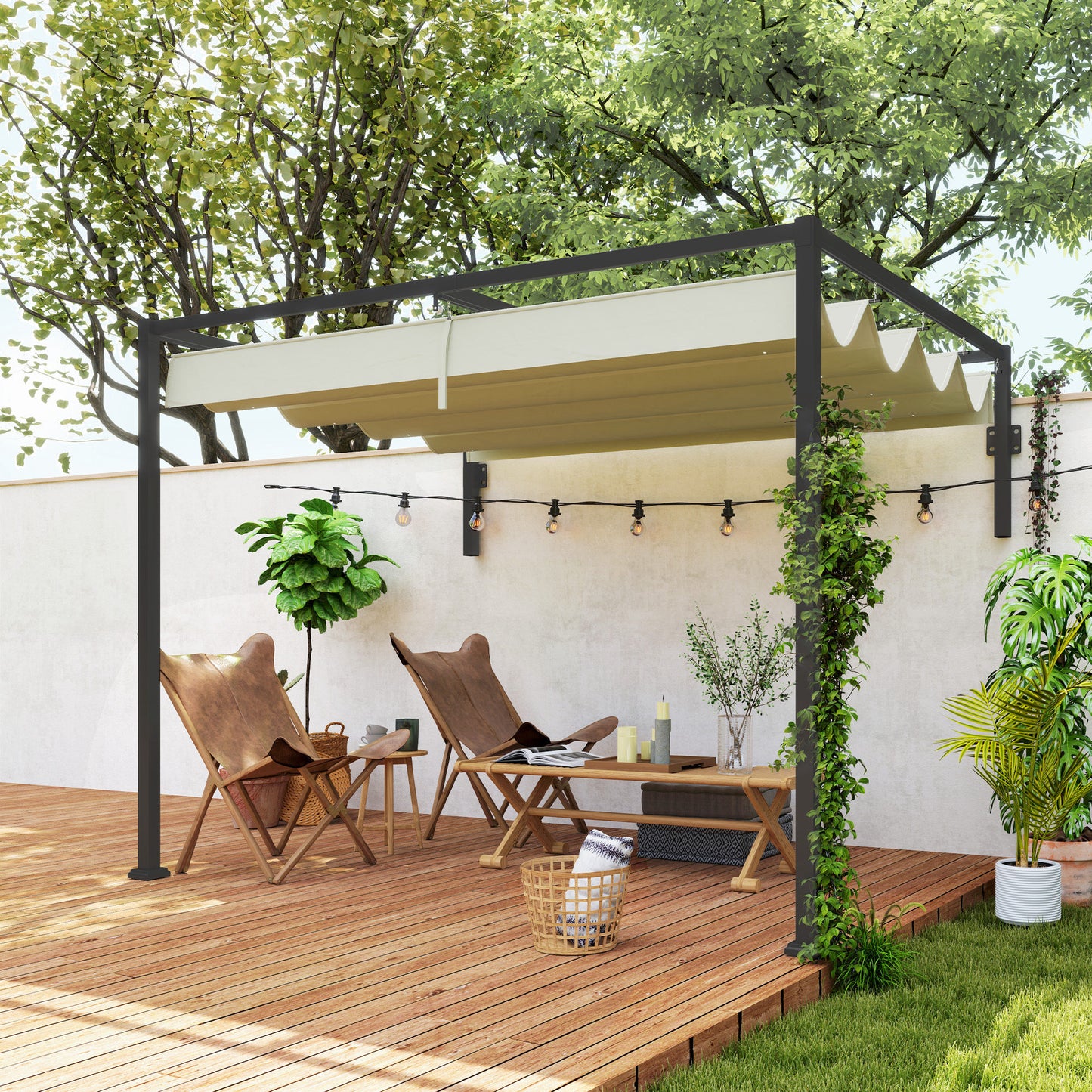 2 x 3(m) Wall Mounted Pergola with Retractable Roof, Khaki