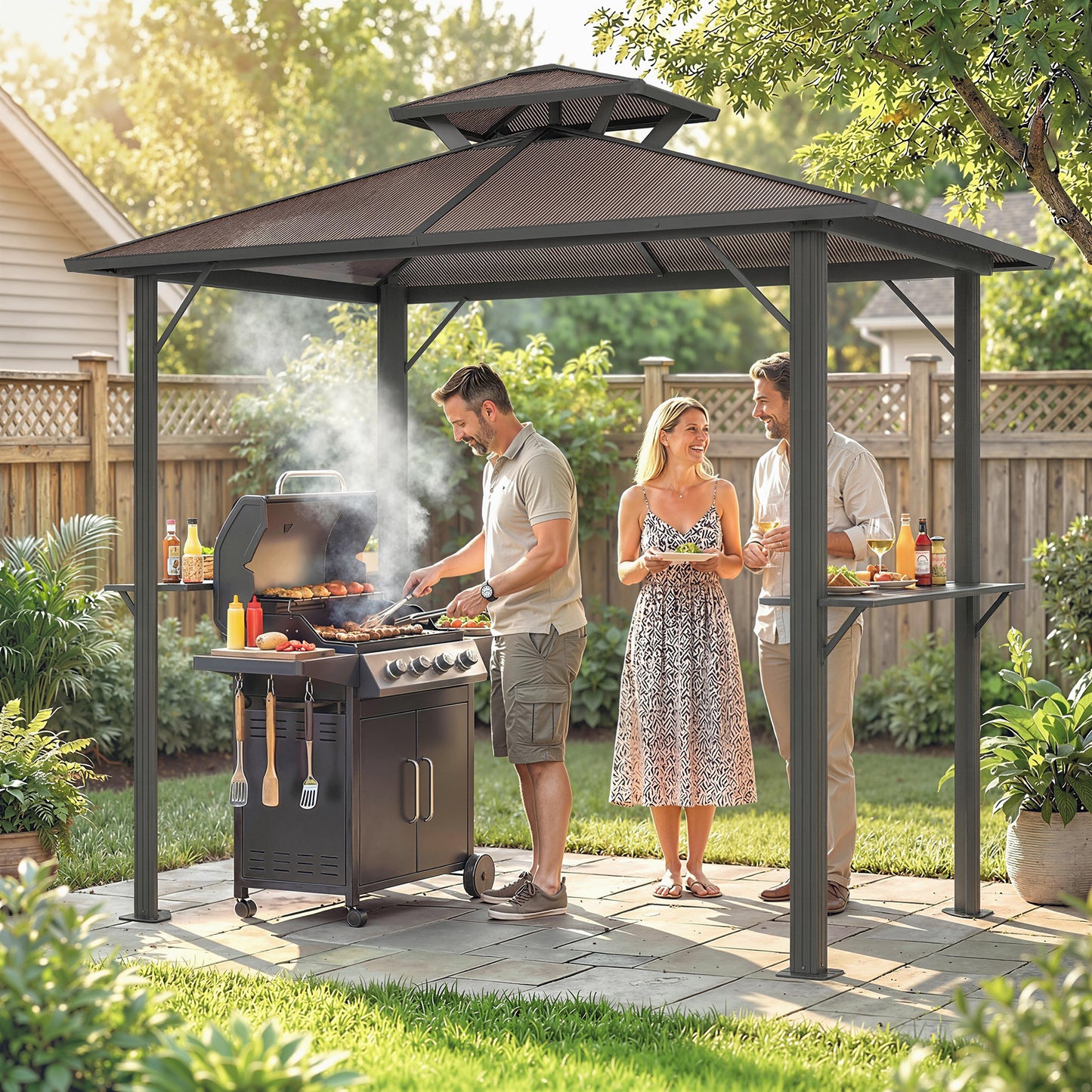 2.5 x 1.5 m Hardtop BBQ Grill Gazebo with Double Roof, Brown
