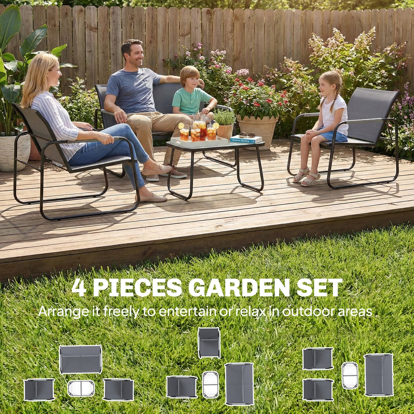 Garden Sofa Set with Loveseat, 2 Armchairs, Tempered Glass Table