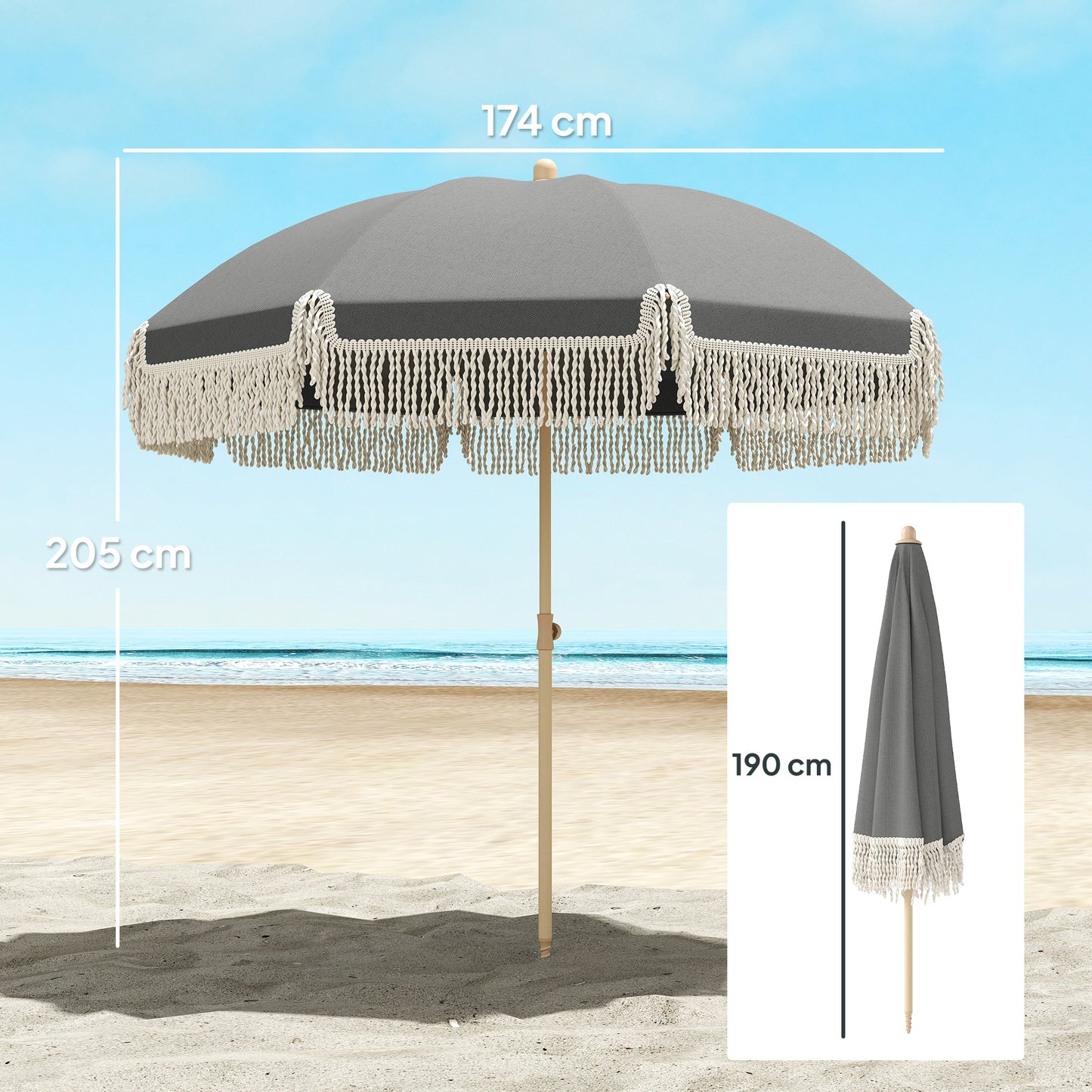 1.7 m Beach Umbrella, Adjustable Height Portable Parasol, Grey