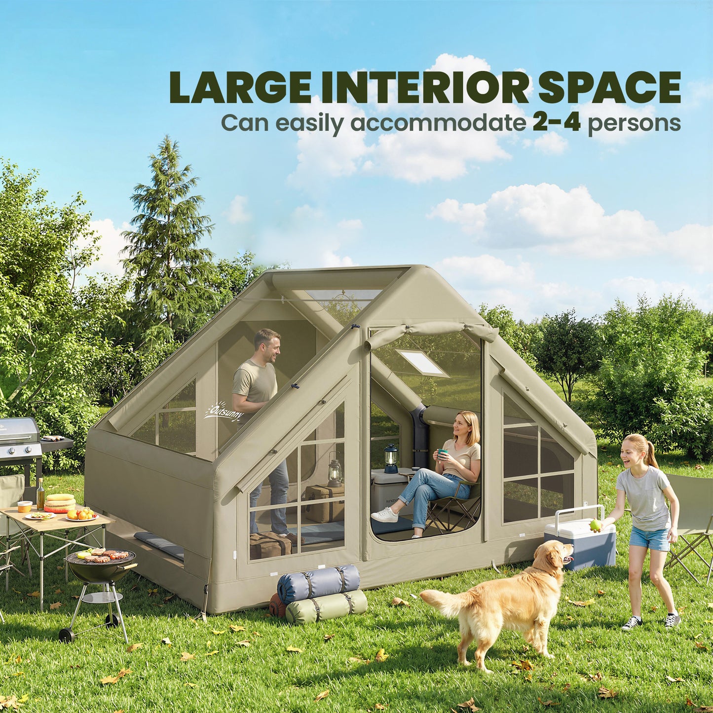 Inflatable Camping Tent with Pump, 2-4 Person Glamping Tent
