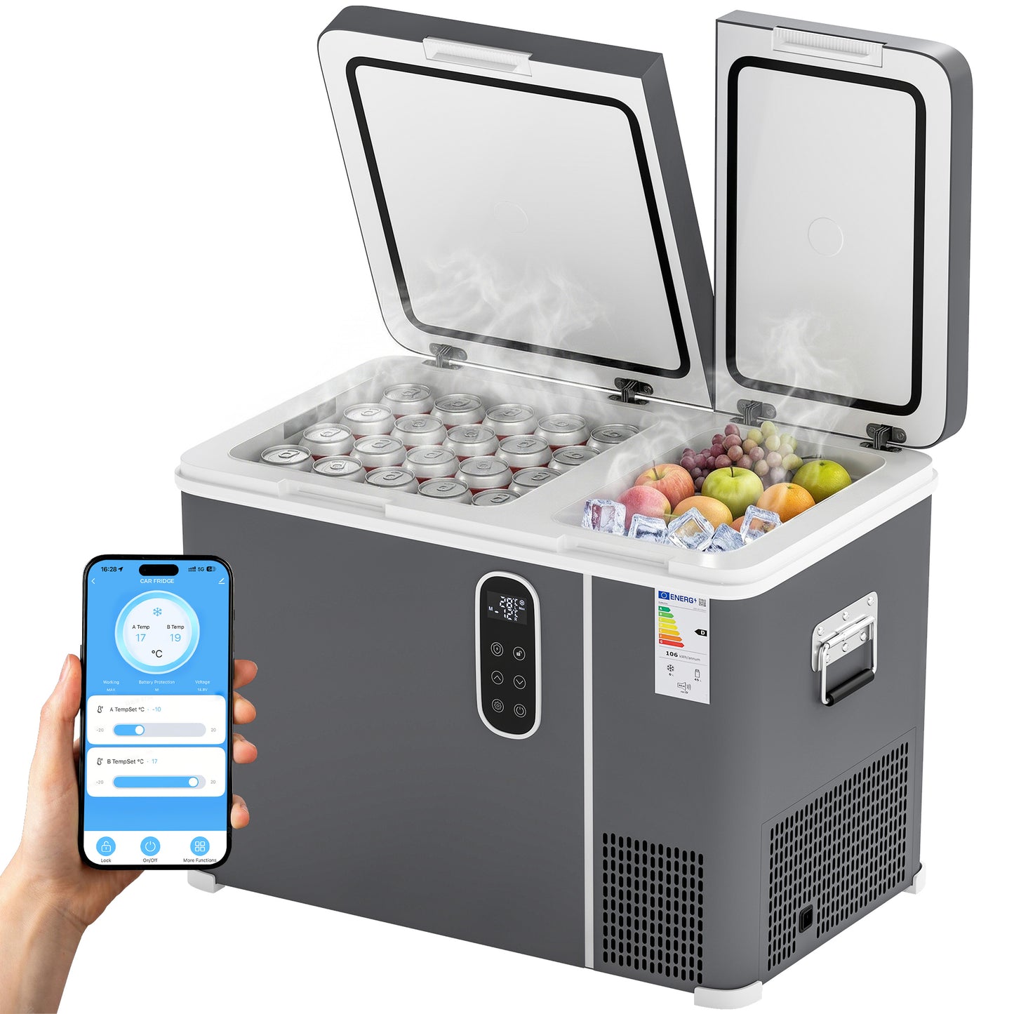 45L Compressor Car Fridge Freezer, Dual Zone Camping Refrigerator with App Control, 12/24V DC and 100-240V AC, Portable Electric Cool Box with Foldable Handle, Truck, Campervan, RV, Boat