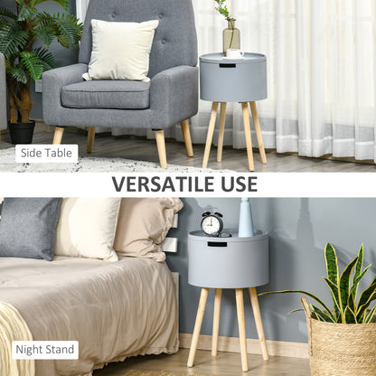 Round Side Table Nightstand w/ Hidden Storage Space Removable Lid, Grey