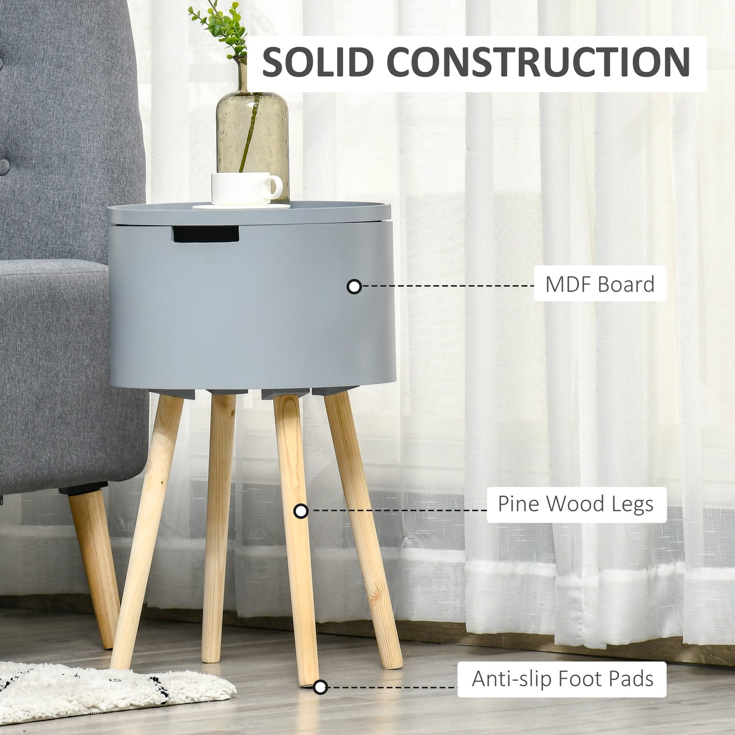 Round Side Table Nightstand w/ Hidden Storage Space Removable Lid, Grey