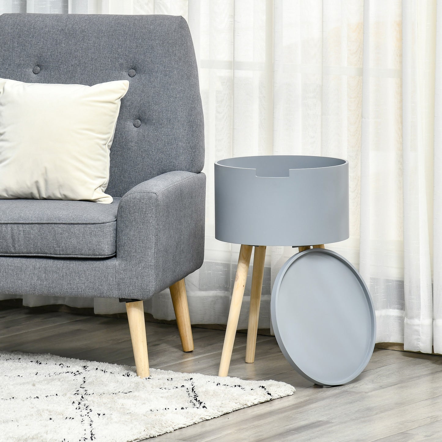 Round Side Table Nightstand w/ Hidden Storage Space Removable Lid, Grey