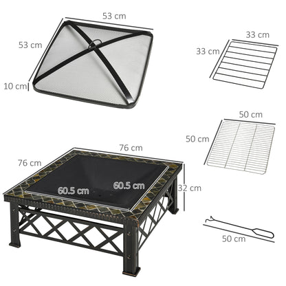 76cm Square Garden Fire Pit Square Table w/ Poker Mesh Cover Log Grate