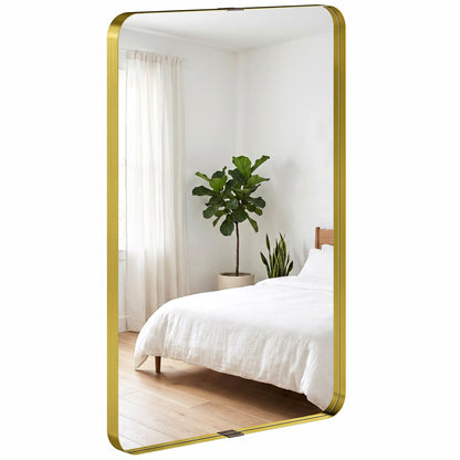 Wall Mirror with Elevated Aluminium Alloy Frame, 60 x 90 cm Bathroom Mirror with Tempered Glass for Living Room, Bedroom, Hallway, Gold Tone