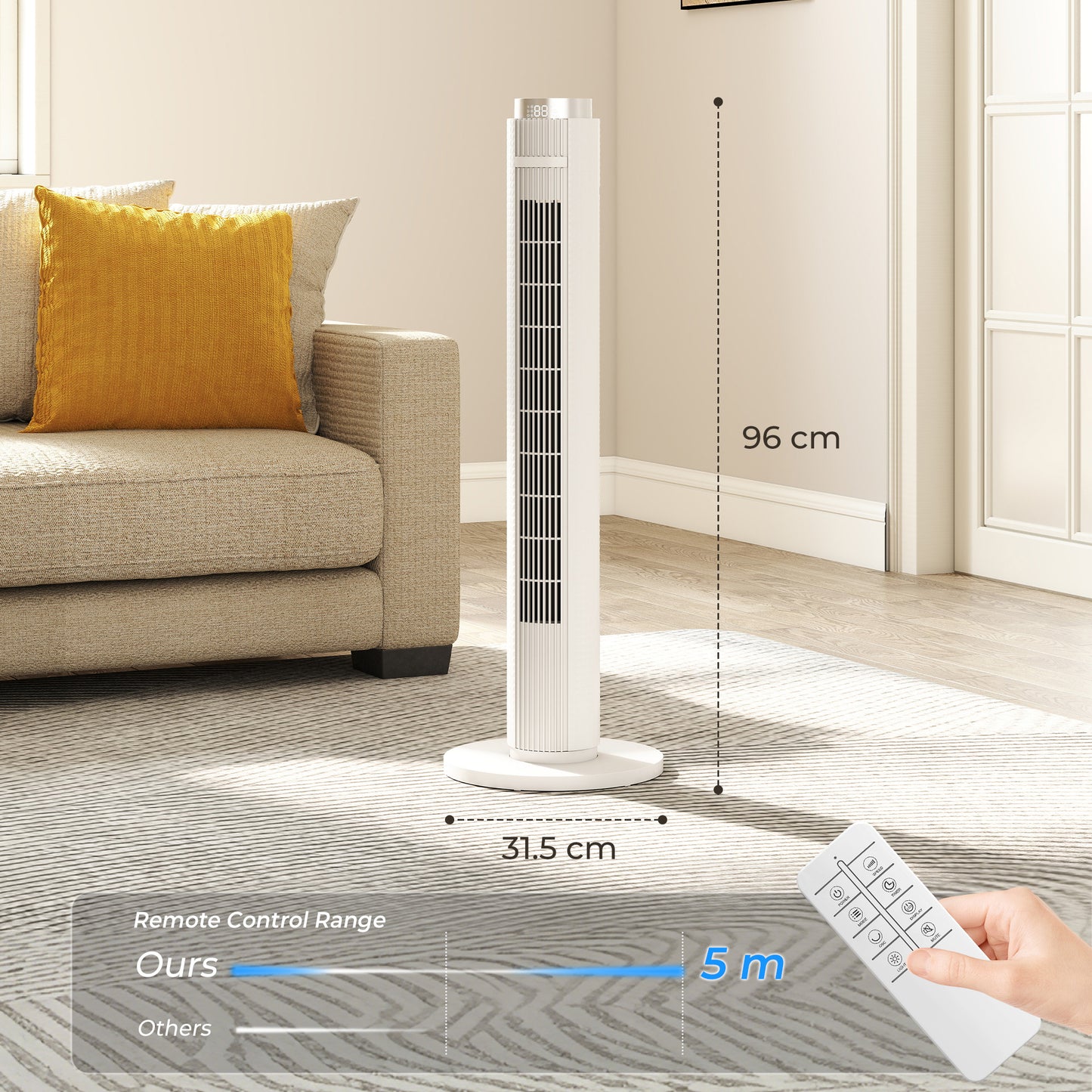 96 cm Tower Fan, Standing Floor Fan with Remote Control White