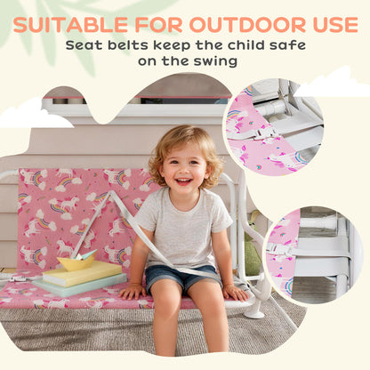 Kids 2-Seater Porch Swing with Seat Belts, Adjustable Canopy Pink