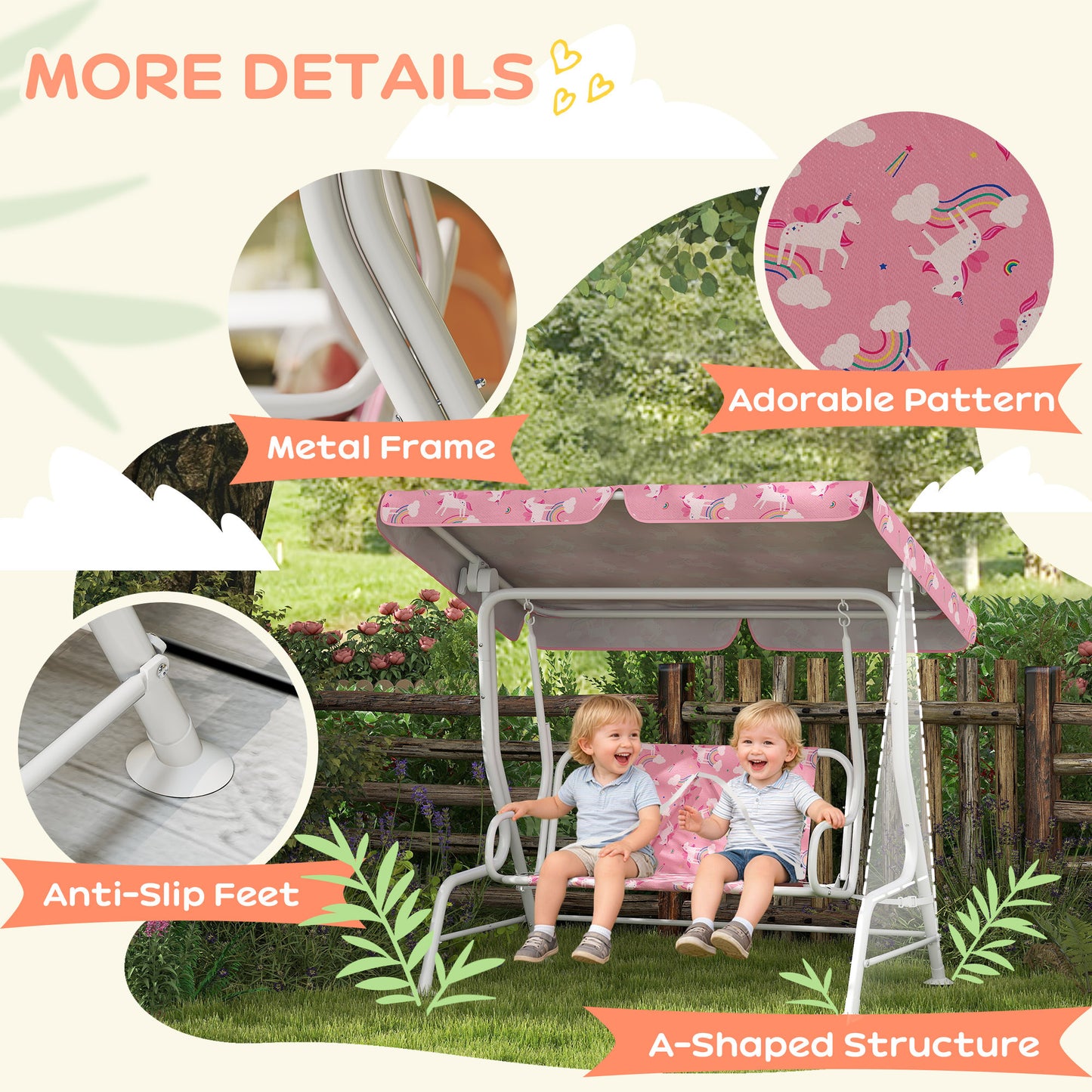 Kids 2-Seater Porch Swing with Seat Belts, Adjustable Canopy Pink