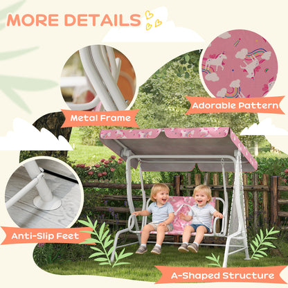 Kids 2-Seater Porch Swing with Seat Belts, Adjustable Canopy Pink