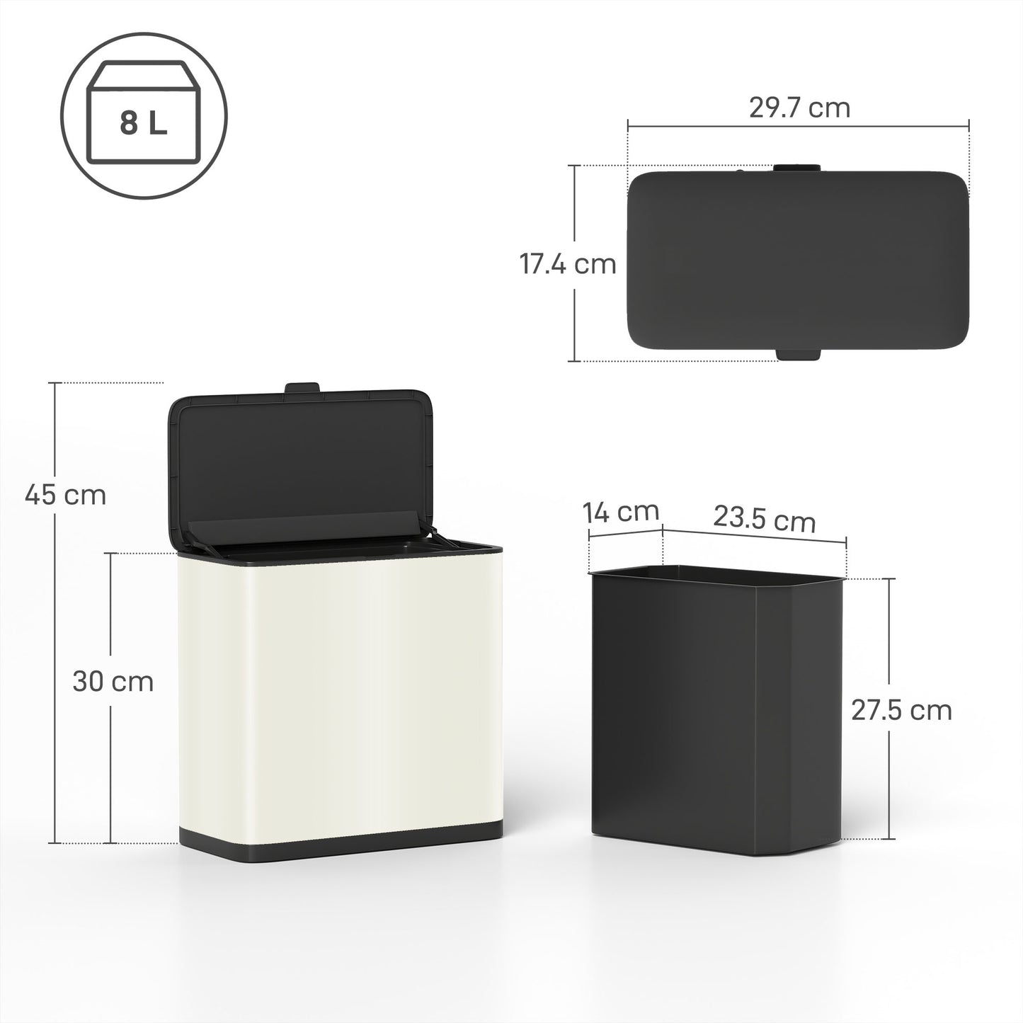 8L Hanging Kitchen Bin, Rubbish bin w/ Stay-Open Lid for Under Sink