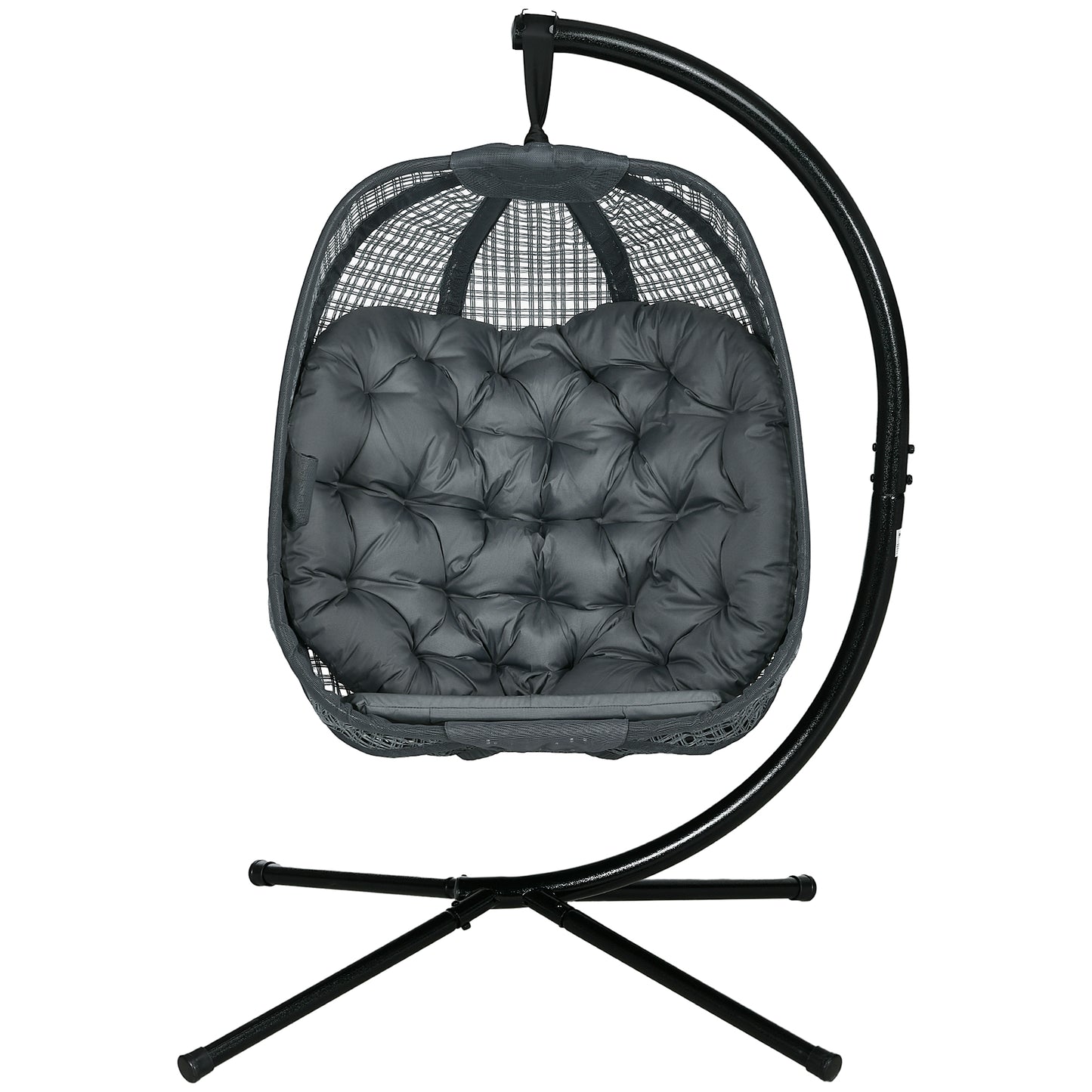 Outdoor Swing Chair w/ Thick Padded Cushion, Patio Hanging Chair w/ Metal Stand, Foldable Basket, Cup Holder, Grey