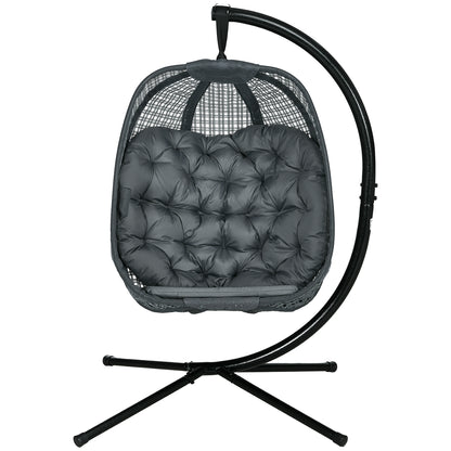 Outdoor Swing Chair w/ Thick Padded Cushion, Patio Hanging Chair w/ Metal Stand, Foldable Basket, Cup Holder, Grey