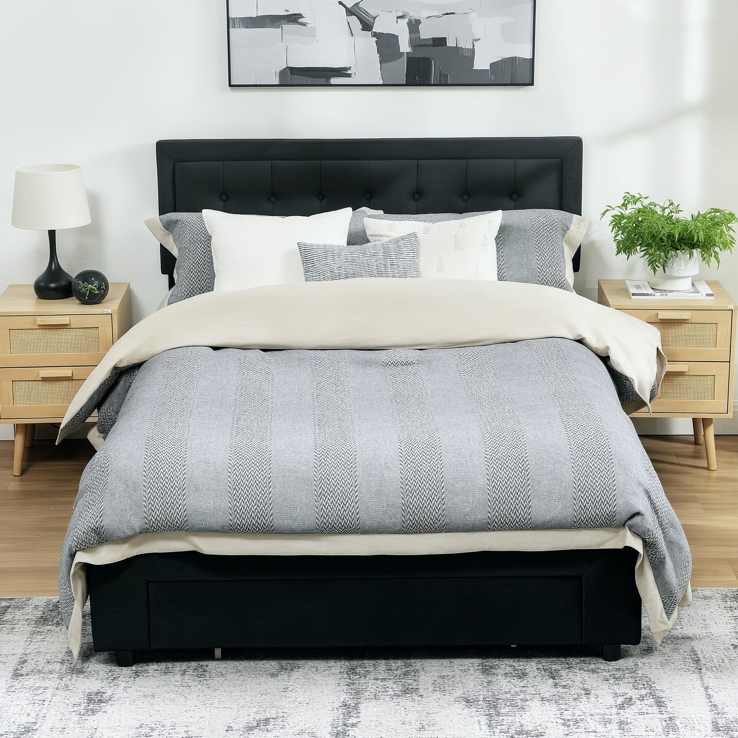 Double Bed Frame with Storage and Adjustable Velvet Headboard, Black