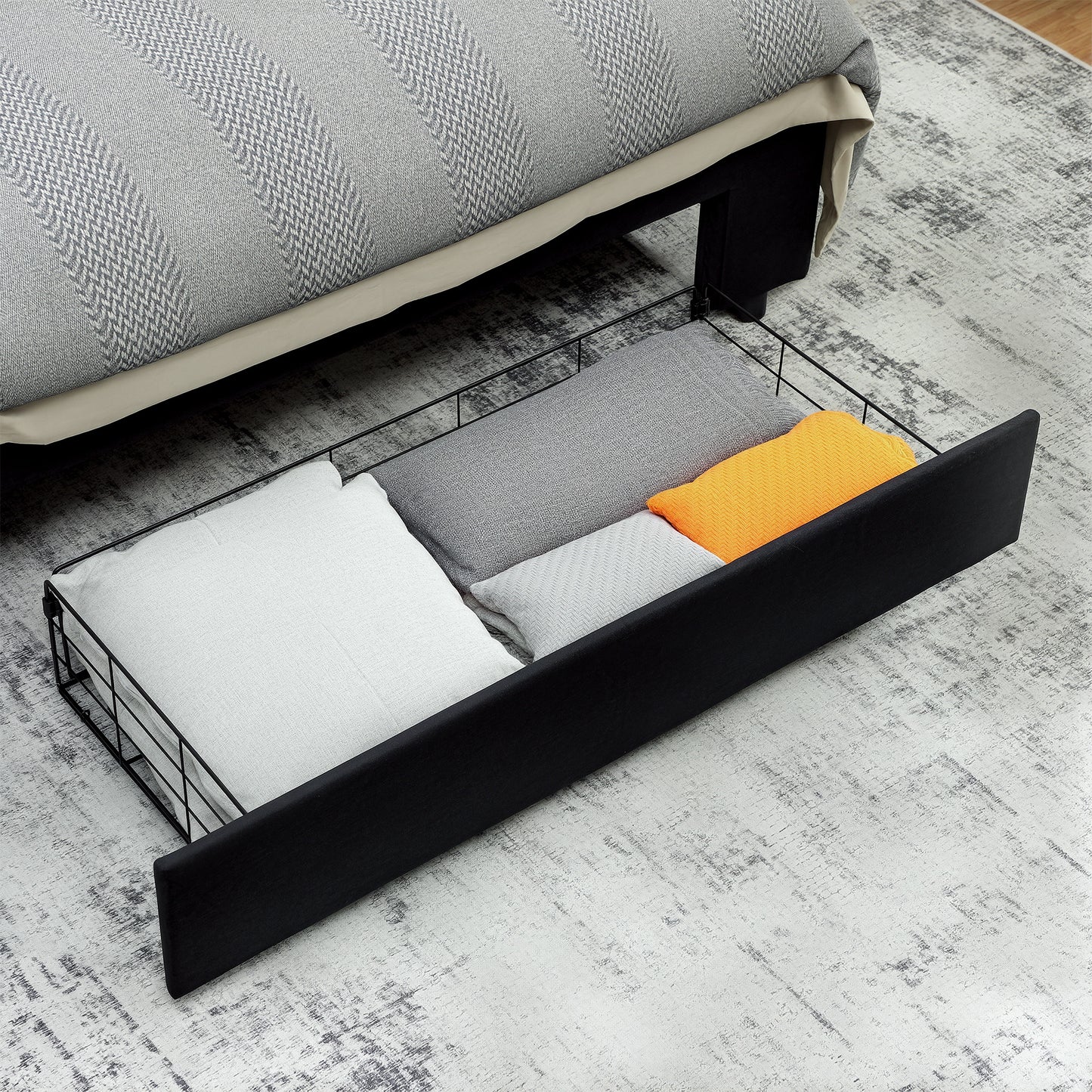 Double Bed Frame with Storage and Adjustable Velvet Headboard, Black