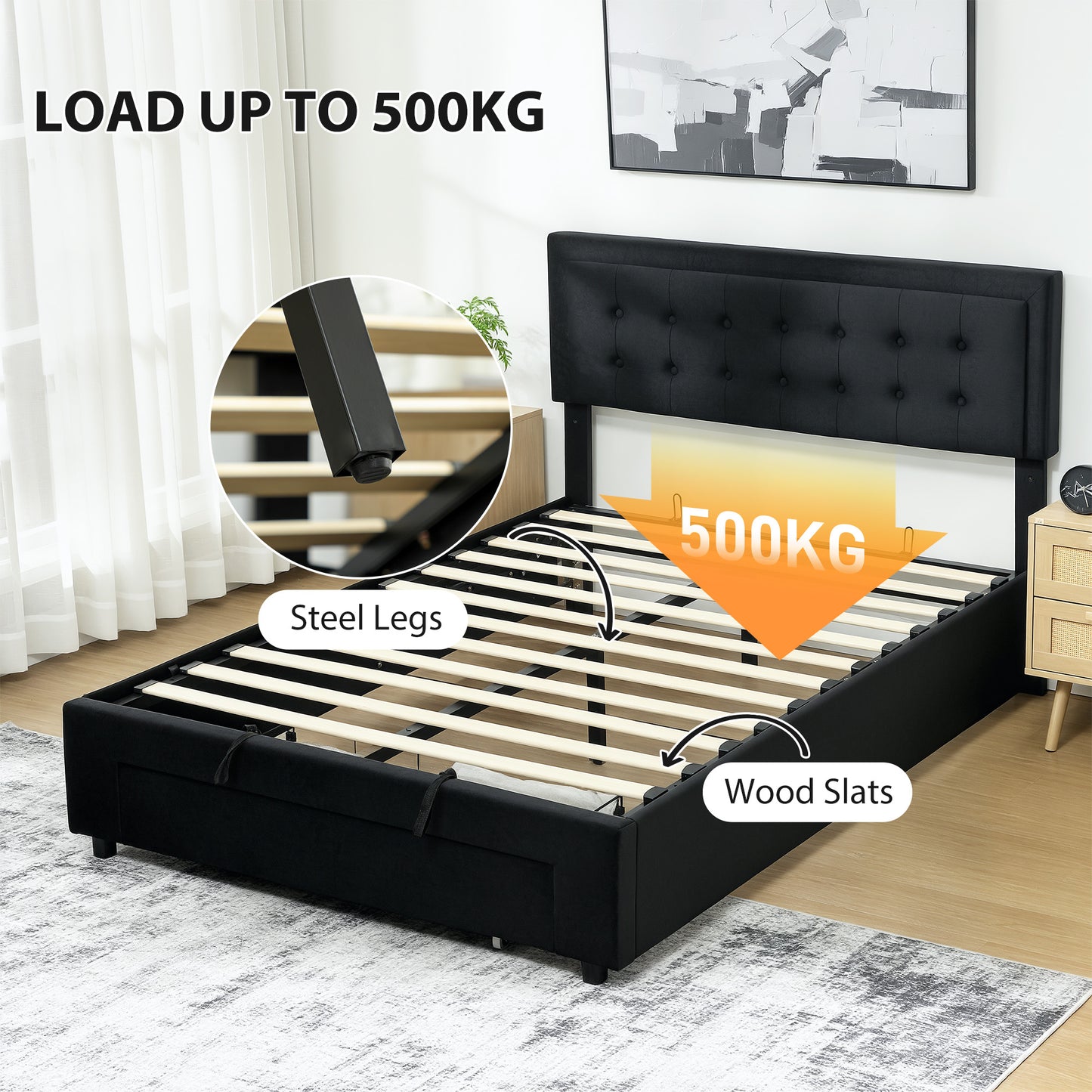 Double Bed Frame with Storage and Adjustable Velvet Headboard, Black