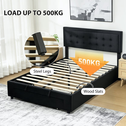 Double Bed Frame with Storage and Adjustable Velvet Headboard, Black