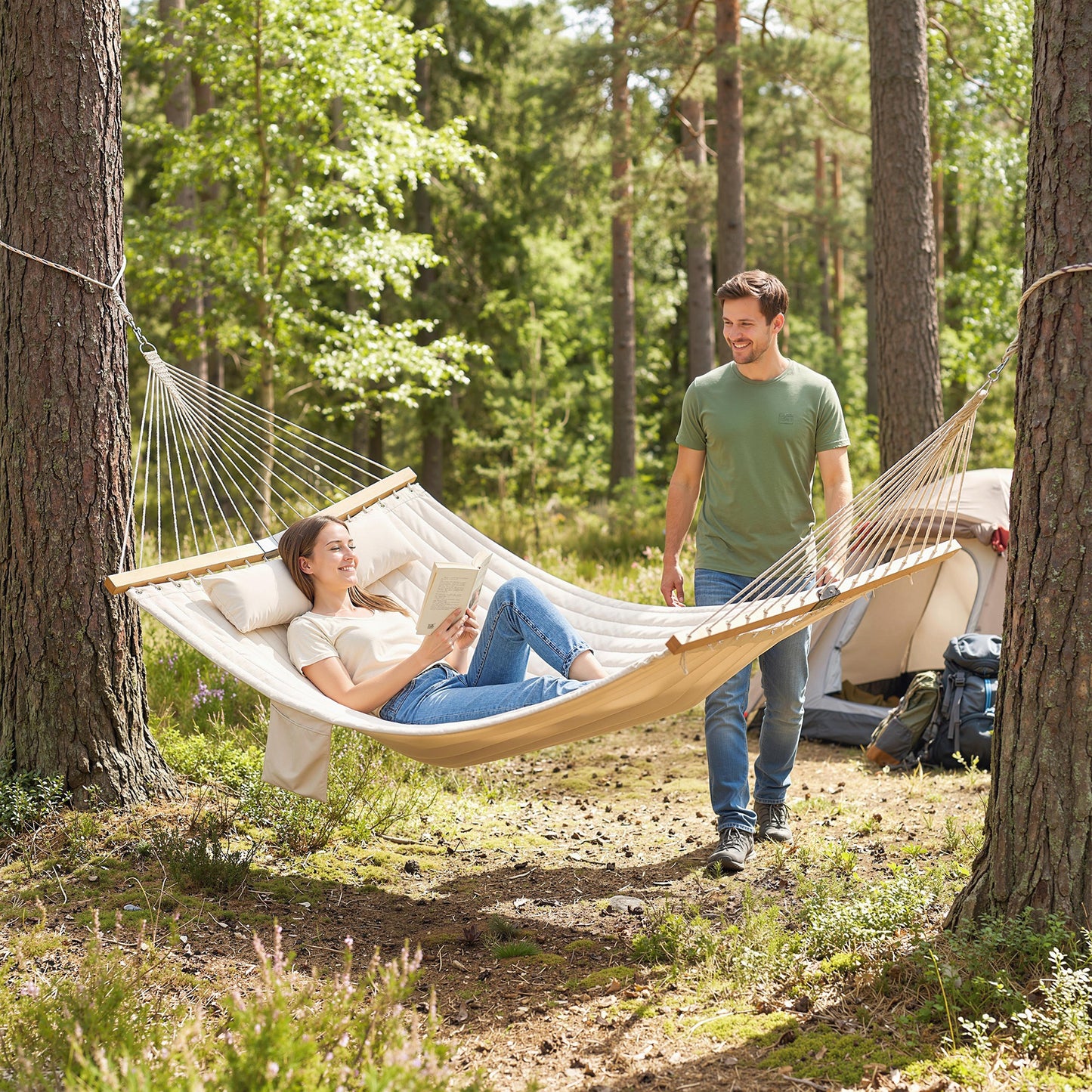 Double Hammock 2-Person Padded Swing Bed Cream White