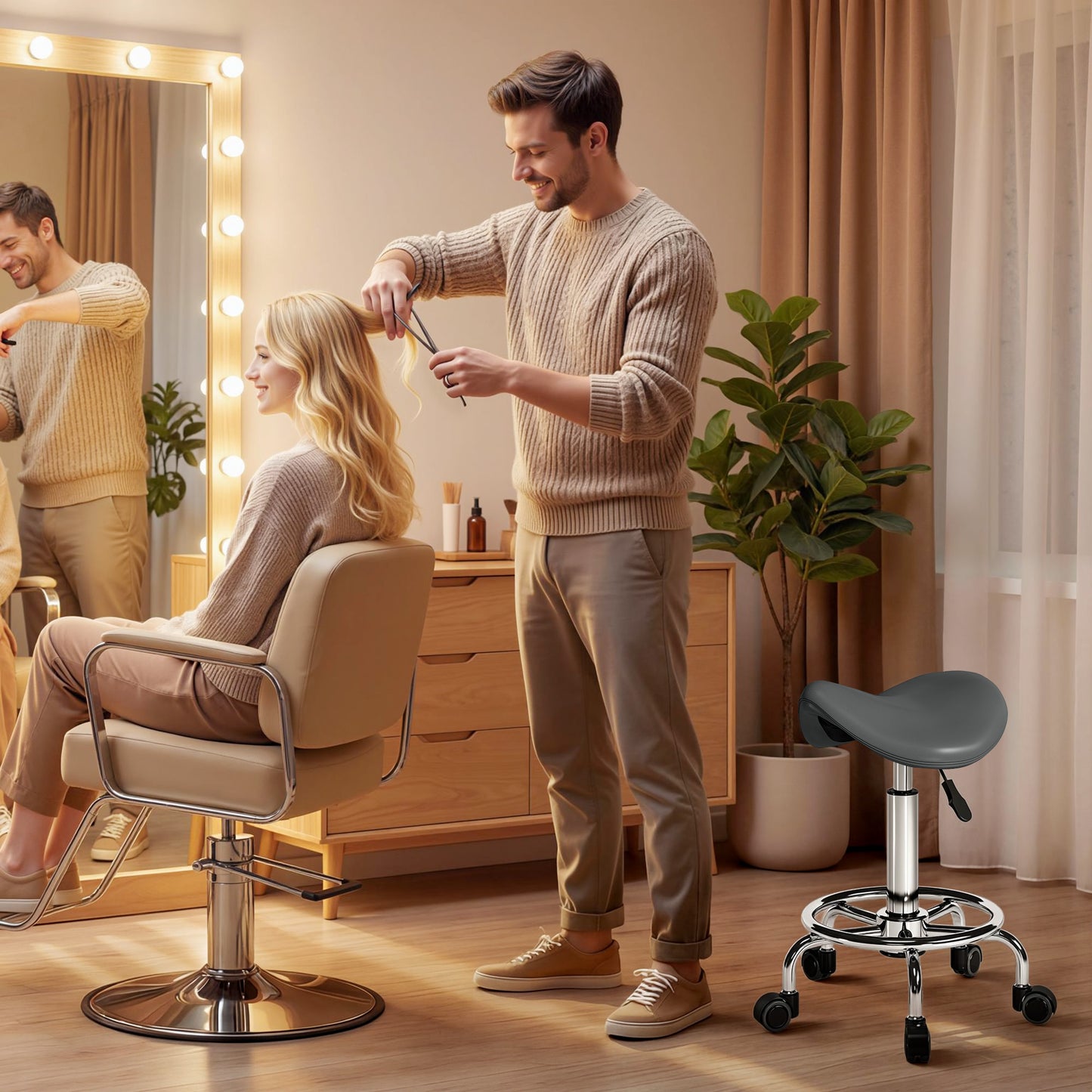 Saddle Chair, Rolling Salon Stool for Massage Spa, Grey