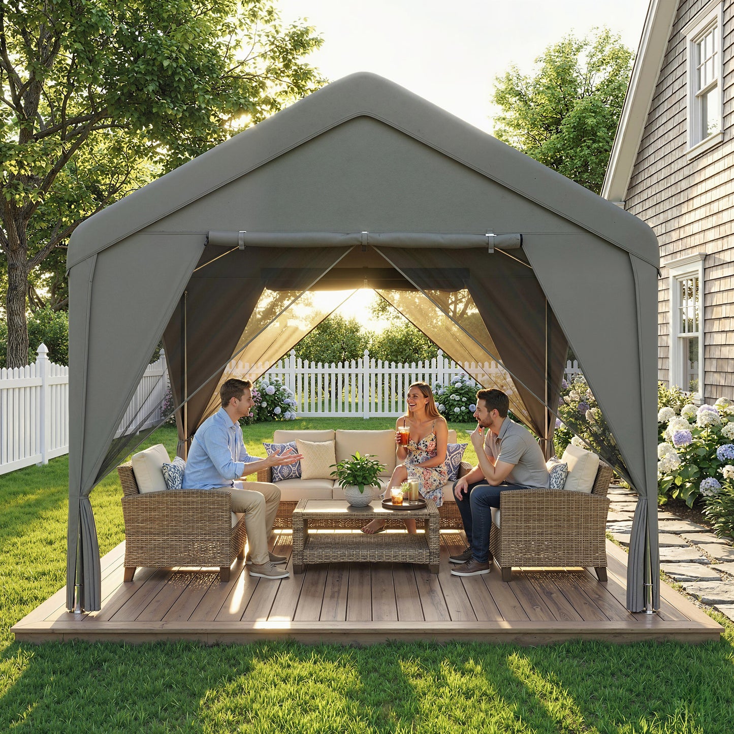 3 x 3 m Outdoor Patio Gazebo with Netting and Curtains, Dark Grey