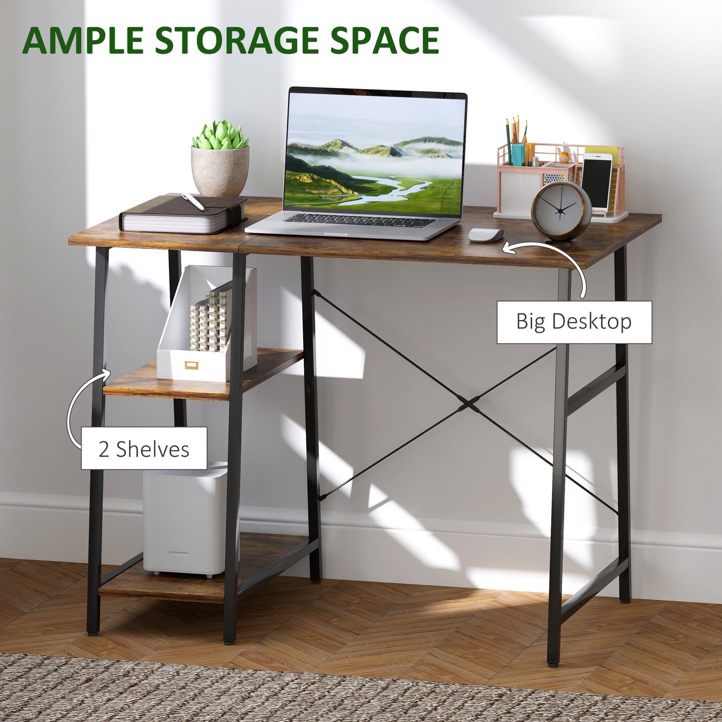 Computer Table Wor Desk with Shelves & Steel Frame, Rustic Brown