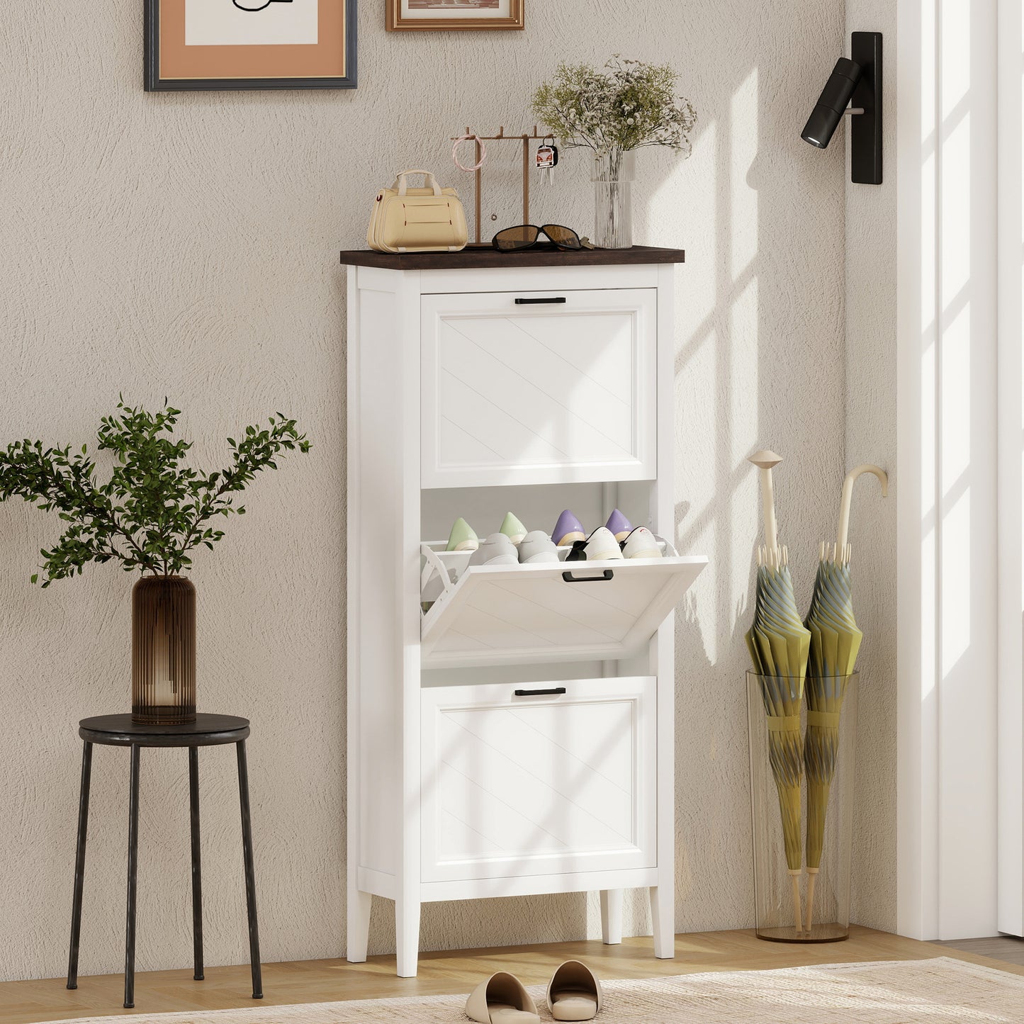 Shoe Cabinet with 3 Flip Drawers, Farmhouse Narrow Shoe Storage Cabinet with Adjustable Shelves, Freestanding for Entryway, Hallway, Living Room, Holds 12-18 Pairs, White
