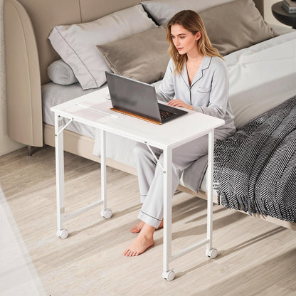 Small Writing Desk with Wheels, Folding Study Table, White