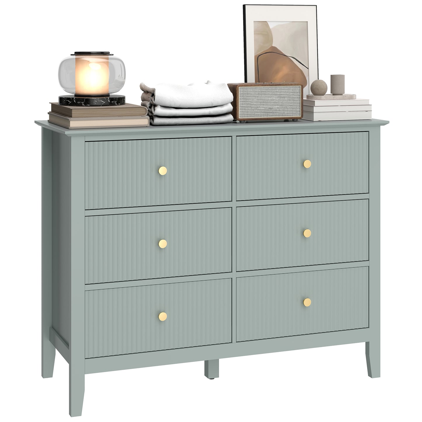Fluted Chest of Drawers 6 Drawer Dresser for Bedroom Hallway Green
