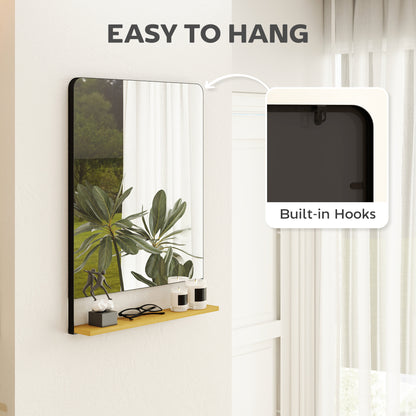 Decorative Mirror with Wood Shelf, Industrial Wall Mirror, Black