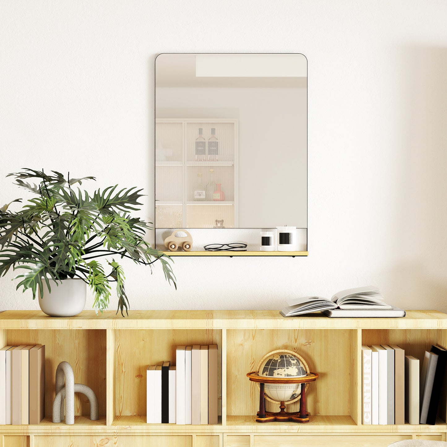 Decorative Mirror with Wood Shelf, Industrial Wall Mirror, Black