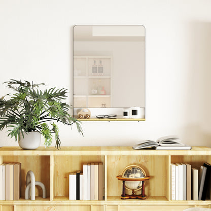 Decorative Mirror with Wood Shelf, Industrial Wall Mirror, Black