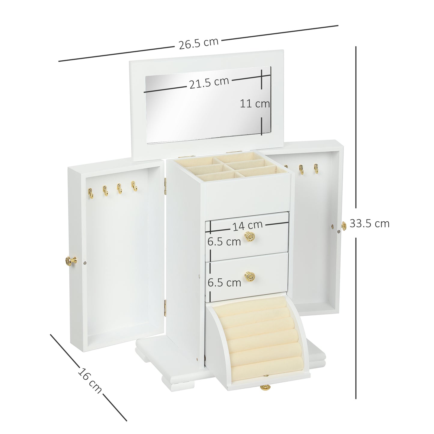 4-Tier Large Jewellery Box with Mirror and 2 Drawers, White