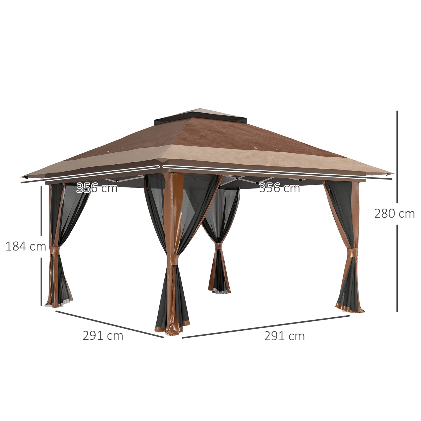 3.6 x 3.6m Pop Up Gazebo with Netting and Wheeled Bag, Brown