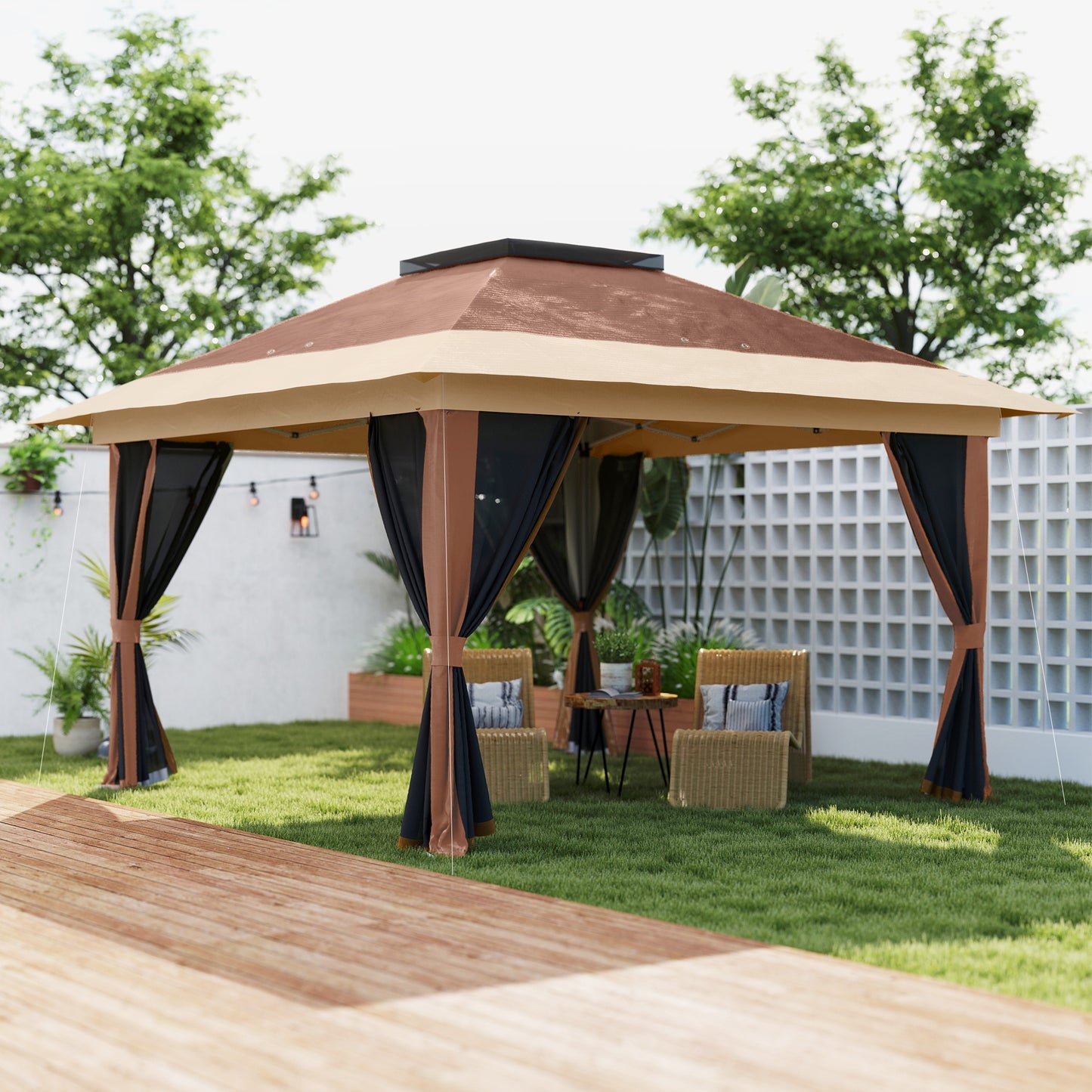3.6 x 3.6m Pop Up Gazebo with Netting and Wheeled Bag, Brown