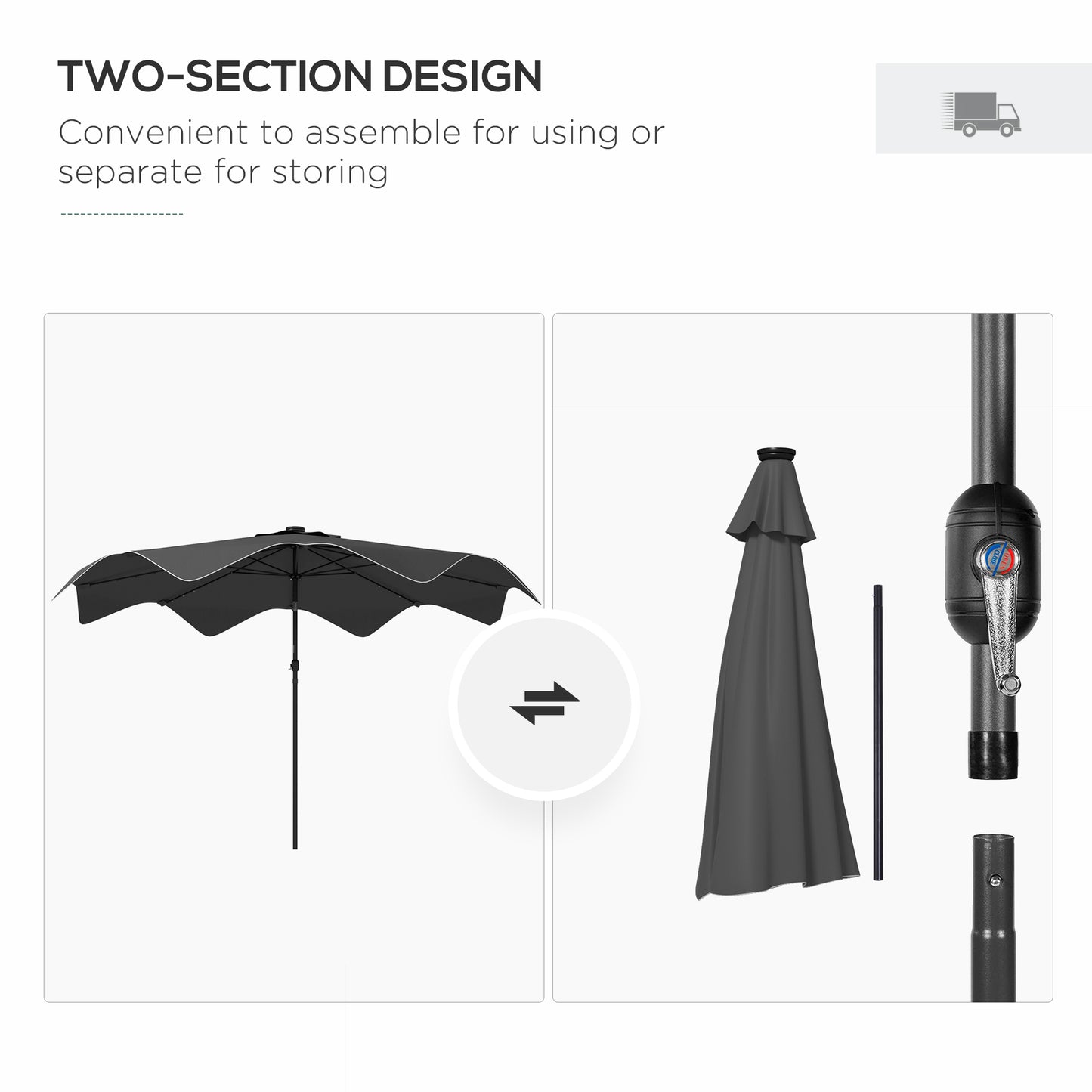 Solar Patio Umbrella with LED and Tilt, Outdoor Market Table Umbrella Parasol with Crank, 3 x 3 (m), Grey