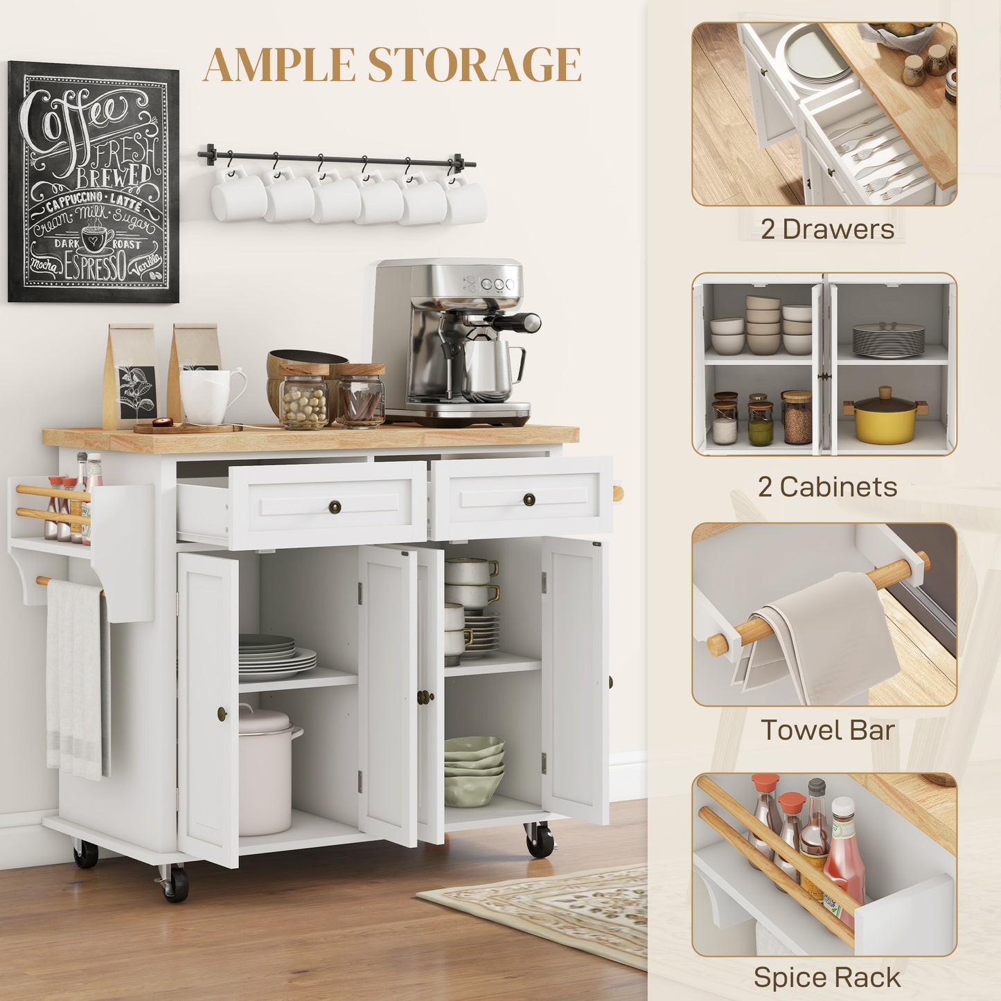 Rolling Kitchen Island Cart with Rubber Wood Top, Spices Cream White
