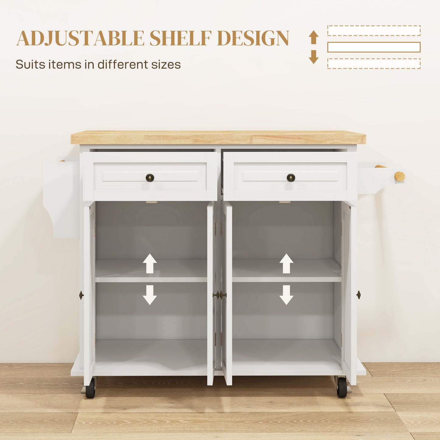 Rolling Kitchen Island Cart with Rubber Wood Top, Spices Cream White