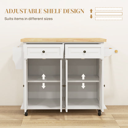 Rolling Kitchen Island Cart with Rubber Wood Top, Spices Cream White
