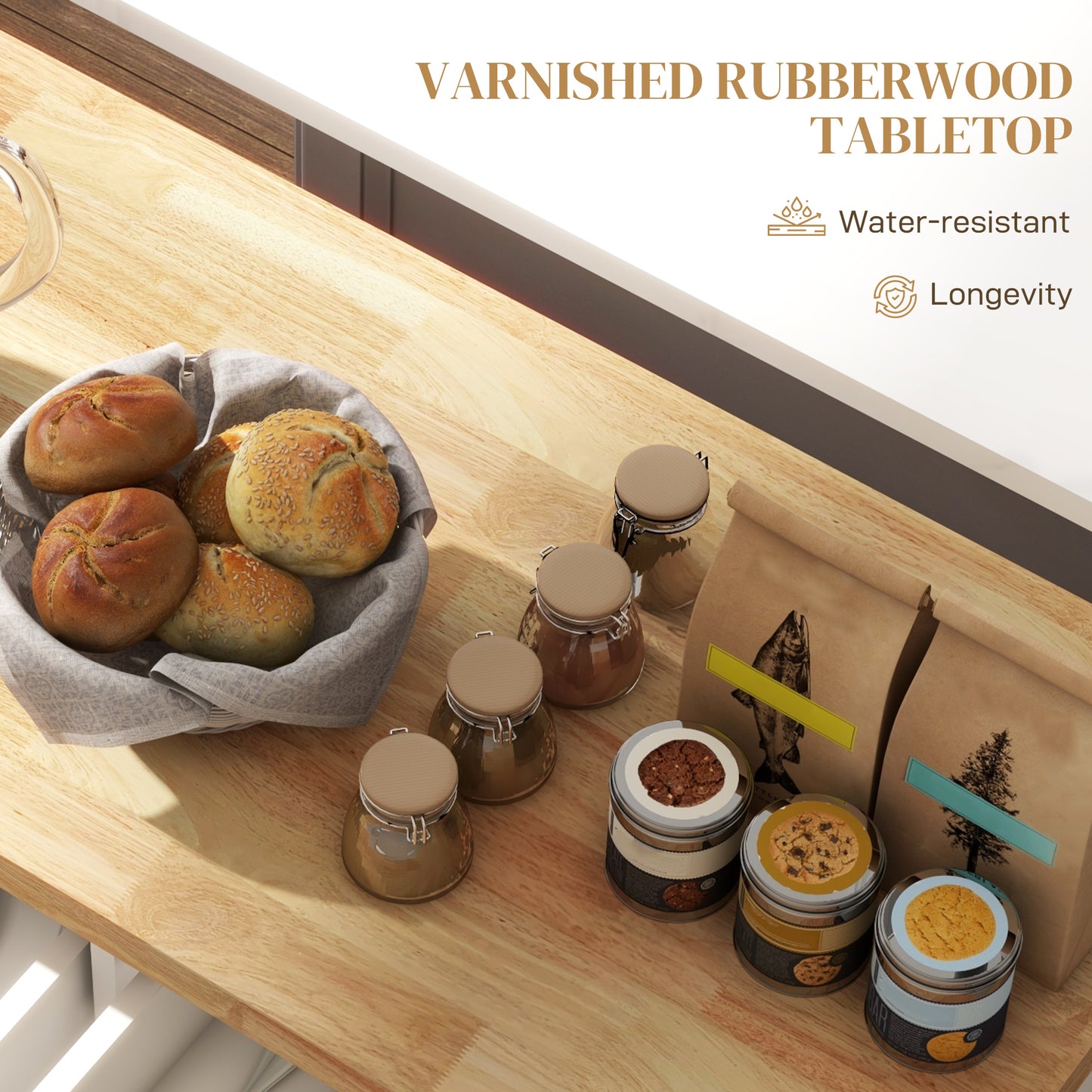 Rolling Kitchen Island Cart with Rubber Wood Top, Spices Cream White