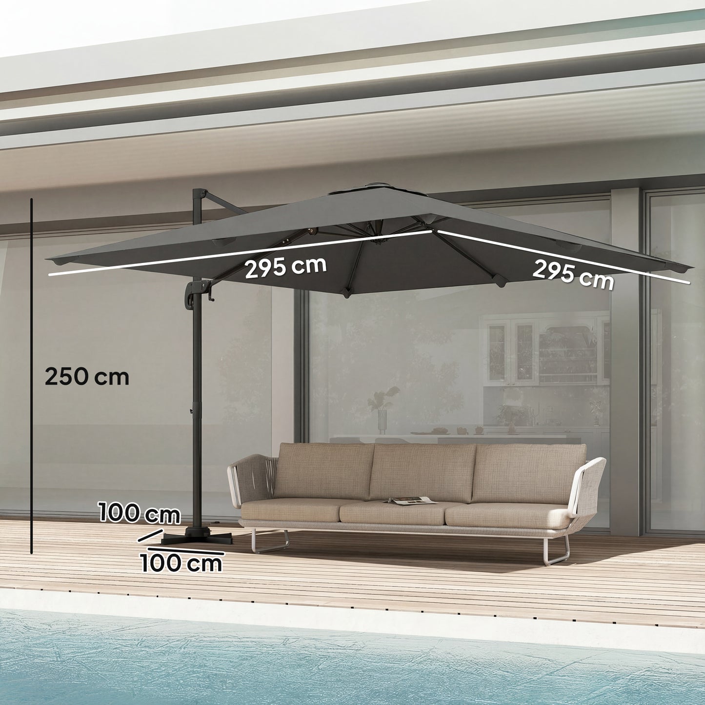 3 x 3 m Cantilever Parasol, Square Patio Umbrella with Crank Handle
