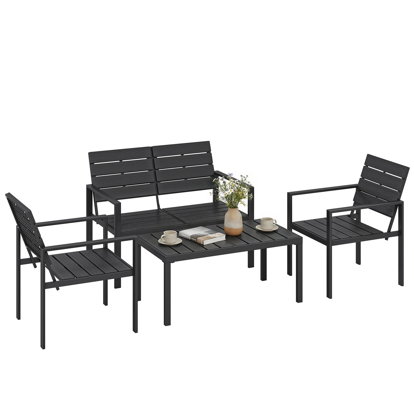 4 Piece Garden Furniture Set, HDPE Metal Outdoor Sofa, Black