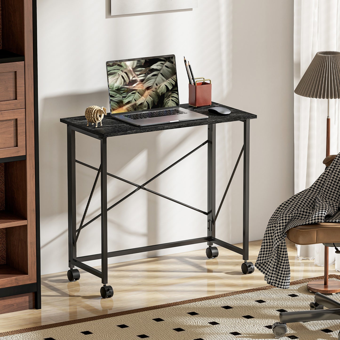 Folding Desk on Wheels, Writing Table for Home Office, Black