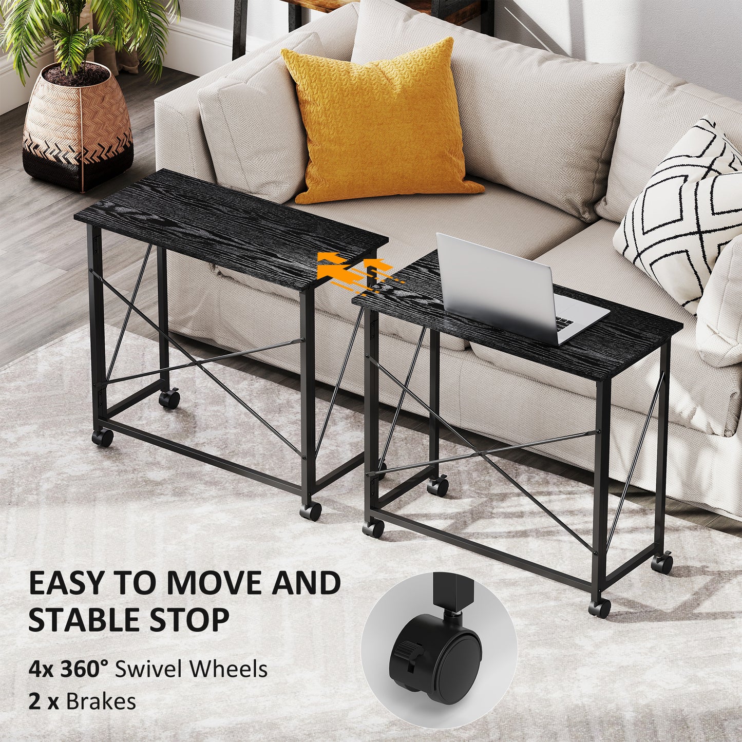 Folding Desk on Wheels, Writing Table for Home Office, Black