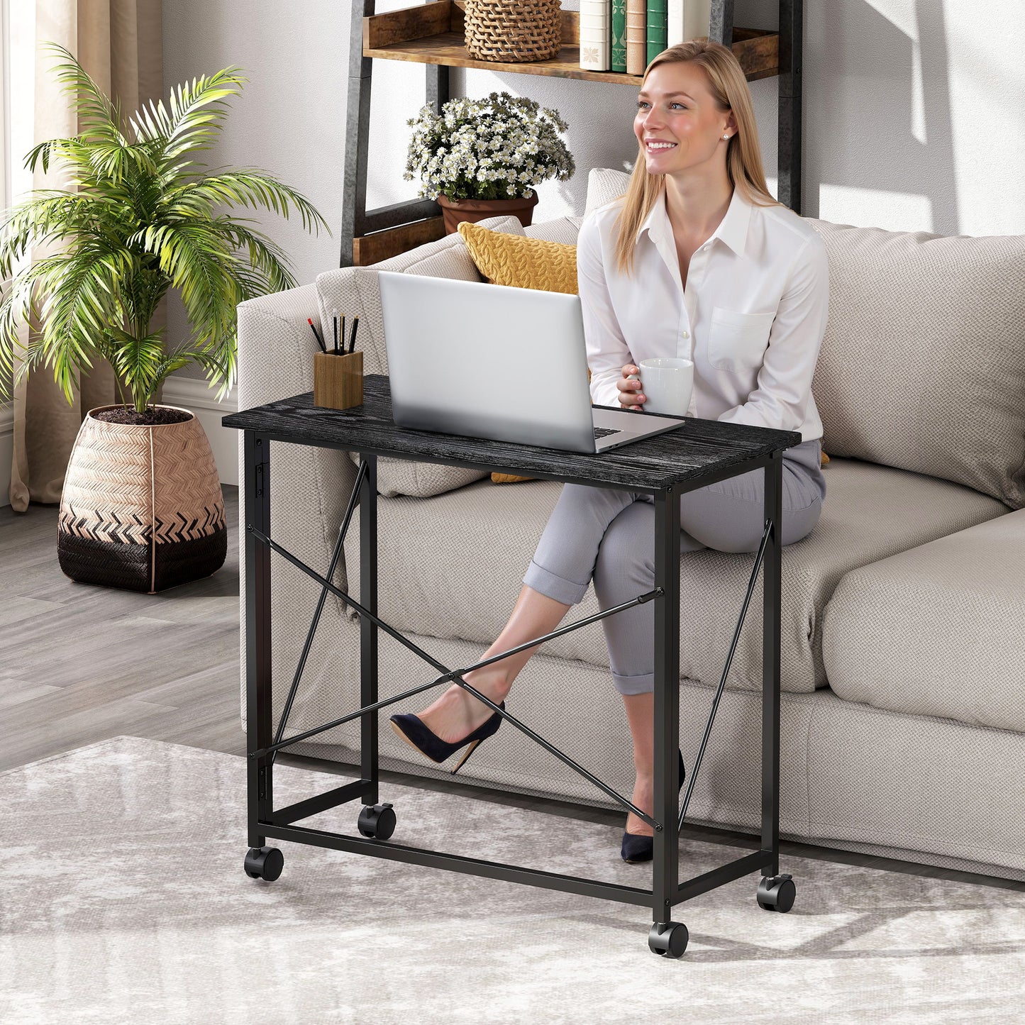 Folding Desk on Wheels, Writing Table for Home Office, Black